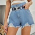 women s high waist with belt raw edge ripped denim shorts nihaostyles wholesale clothing NSJM79882