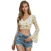 Printed Long Sleeve V-neck Short top nihaostyles clothing wholesale NSWX79987