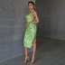 drawstring slit printed slim sloping shoulder mid-length dress nihaostyles clothing wholesale NSWX80128