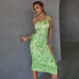 drawstring slit printed slim sloping shoulder mid-length dress nihaostyles clothing wholesale NSWX80128