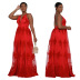 women s V-neck Halter Sling Embroidery Net plus Size Pure Color Dress NSCYF80209