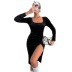 Slim Square Neck Long Sleeve Velvet Slit Dress NSYSQ80394