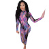 printed round neck long-sleeved hollow tight net gauze jumpsuit nihaostyles clothing wholesale NSMX80430