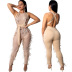Sequin Backless Lace Up See Throuth Jumpsuit NSCYF80455
