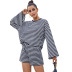 women s round neck black and white striped two-piece set nihaostyles wholesale clothing NSJM80554