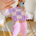 autumn check color contrast pullover blouse knitted sweater nihaostyles wholesale clothing NSXE80584