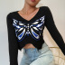  V-neck Butterfly Printed exposed Navel Irregular Slim T-shirt nihaostyles wholesale clothing NSXE80611