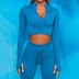 Solid color high stretch seamless yoga long-sleeved zipper top & drawstring pants suit NSXER80765