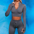 Solid color high stretch seamless yoga long-sleeved zipper top & drawstring pants suit NSXER80765