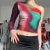 Multicolor printing pullover one-shoulder sleeve polyester oblique collar cropped blouse NSSWF81086