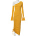 solid color slanted shoulder flared sleeve pleated irregular dress nihaostyles clothing wholesale NSMG81181