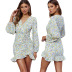 V-neck long-sleeved pleated floral dress nihaostyles wholesale clothing NSXIA83216