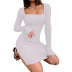 Square Collar Long-Sleeved Solid Color Dress NSLZ81518