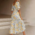printing V-neck short-sleeved high-waist slit dress nihaostyles clothing wholesale NSZH81600