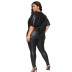 Plus Size Solid Color Leather Short-Sleeved Top Slim Trousers Lounge Set NSYMA81695