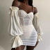 Mesh Gauze Pleated Wrapped Chest Long-Sleeved Strap Dress NSDMS77433