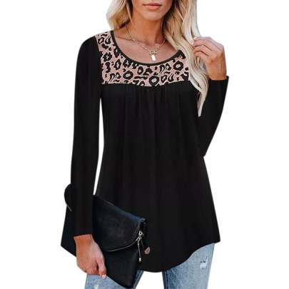 Women's Leopard Stitching Loose Round Neck Long-sleeved T-shirt Nihaostyles Clothing Wholesale NSLZ77515