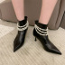 women s high-heeled pearl chain beaded pointed back zipper short boots nihaostyles clothing wholesale NSCA77525