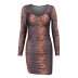  Tiger pattern low V-neck long-sleeved slim-fit dress nihaostyles clothing wholesale NSFLY77652