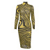 women s high-neck mid-length yellow striped slim long-sleeved dress nihaostyles clothing wholesale NSFLY77665