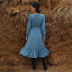 Wave Dot Print V-Neck Long-Sleeved Hedging Slit Dress NSQSY78175