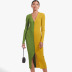 color matching V-neck button high waist slit dress NSSYV109661