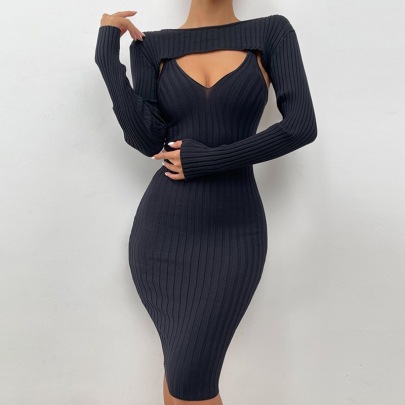 Solid Color Knitted Long-sleeved Sweater Slip Dress Two-piece Set NSSCY109708