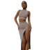 Solid Color Round Neck Sleeveless Top Slit Long Sheath Skirt Set NSDLS109772