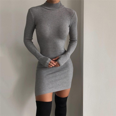 Solid Color Knitted Round Neck Long Sleeve Open Back Slim Dress NSDLS109784