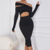 Solid Color Oblique Shoulder Hollow Slim Dress NSDLS109785