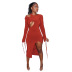 Solid Color Long-Sleeved Round Neck Slit Dress NSDLS109795