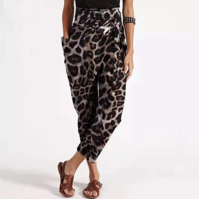 Elastic Waist Loose Leopard Print Irregular Trousers With Belt NSLZ111470