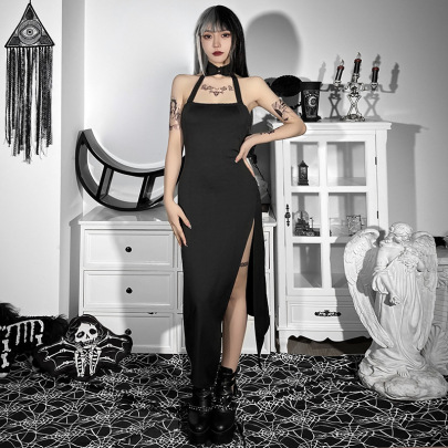 Gothic Style Solid Color Halterneck High Waist Slit Midi Dress NSGYB111775