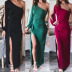 Solid Color Short-Sleeved Oblique Shoulder Slit Prom Dress NSJRM111807