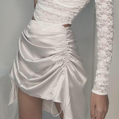 Solid Color Drawstring Pleated Stitching Slim Skirt NSBJD111852