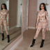 Digital Print Slim Semi-Turtleneck Long-Sleeved Top High Waist Leggings Suit NSYOM111881