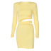 Solid Color Long-Sleeved Round Neck Waist Hollow Metal Ring Short Dress NSYOM111999