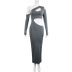 Solid Color Slanted Shoulder Hollowed Out Slim Fit Long-Sleeved Long Dress NSKKB112022
