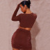 Solid Color Long-Sleeved V-Neck Top Pleated Skirt 2 Piece Set NSKKB112039