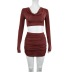 Solid Color Long-Sleeved V-Neck Top Pleated Skirt 2 Piece Set NSKKB112039