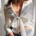 solid color V-neck lace-up long-sleeved shirt NSBJD112077