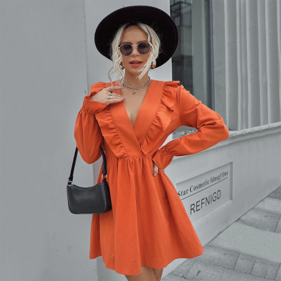 Woven Long-Sleeved V-Neck Solid Color Fungus Edge Dress NSYSQ111569
