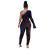 Oblique Shoulder Sequins Pu Stitching Slim Jumpsuit NSCYF112177