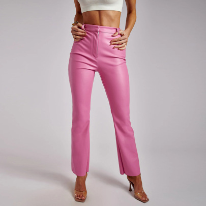 Solid Color Straight Pu Fleece Pants NSHT112193