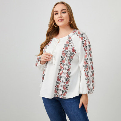 Plus Size Ethnic Style Flower Printed Rope Decorative Long-sleeved Top NSWCJ112247
