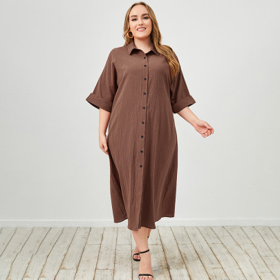 Plus Size Solid Colorsingle-breasted Long-sleeved V-neck Shirt Dress NSWCJ112258