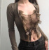 Long-Sleeved See-Through Button Lace-Up Stitching Mesh Top NSBJD112263