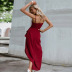 Solid Color Suspender V Neck Backless Split Pleated Prom Dress NSYSQ112318