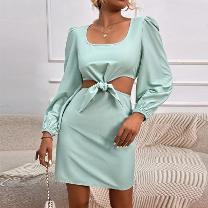 Square Collar Slim Long Sleeve Waistless Lace-up Dress NSYSQ112320