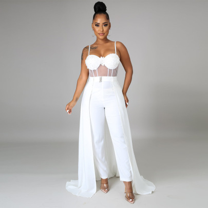 Solid Color See-through Waist Sling Backless Stitching Jumpsuit NSCYF112361